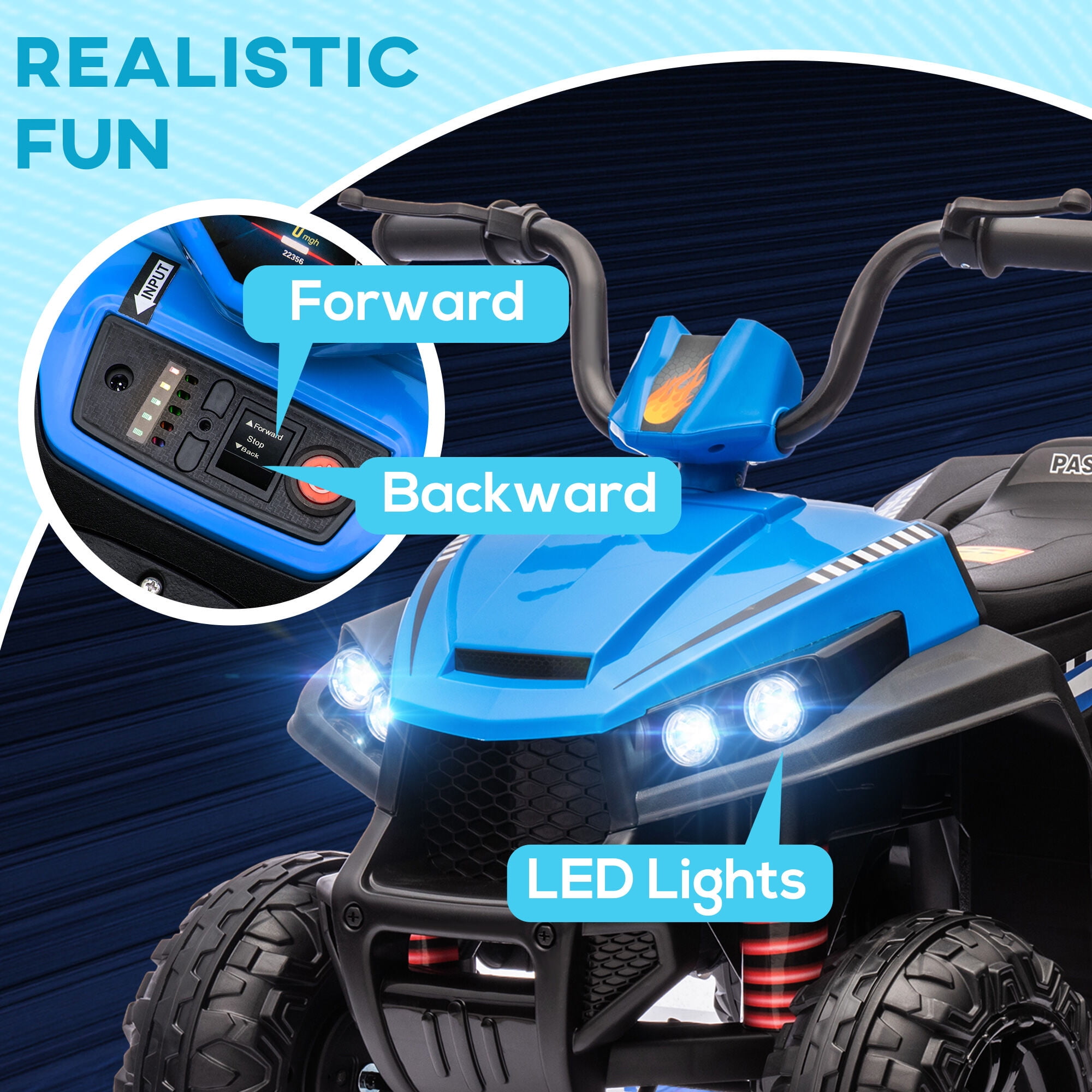 Riding Toys Qaba 12V ATV, Battery Powered Four Wheeler with Spring Suspension, Forward & Reverse, LED Lights, Music, MP3, Electric Car for , Blue,Balance Bikes For