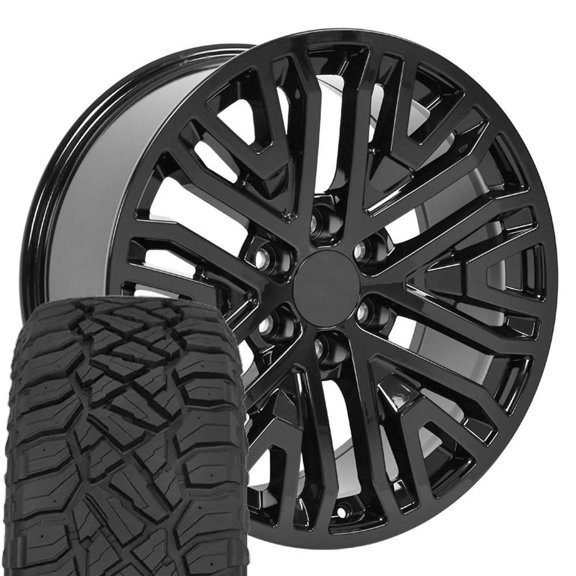 OE Wheels CV37 20 Inch Rims and Tires Fit Sierra 1500 Style 6x139.7 20x9 Gloss Black - Hollander 5906 - TerraMax RT 275/55-20 (Set of 4)