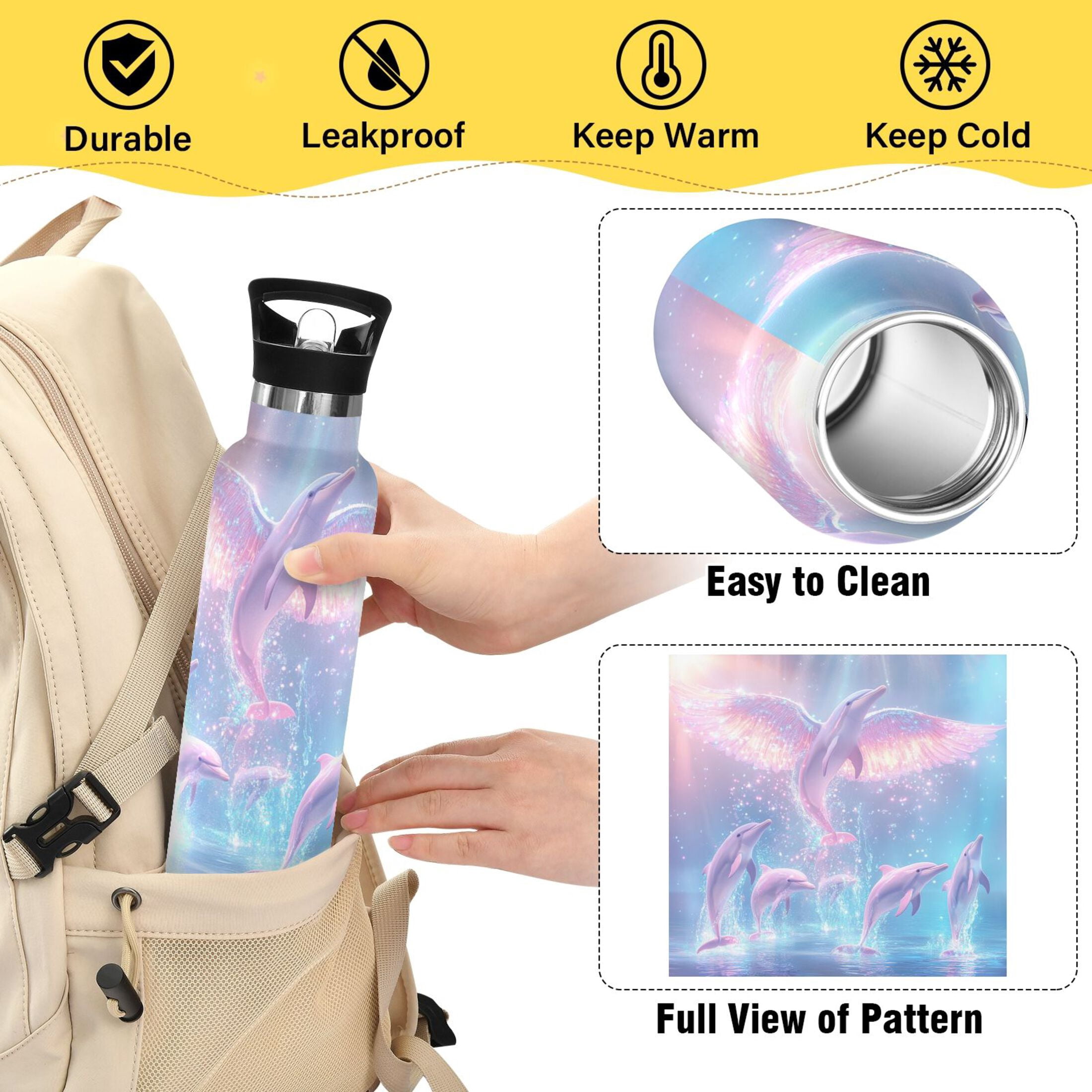 Kids Insulated Stainless Steel Sports Water Bottle 600ml (20oz) Dolphins and Birds