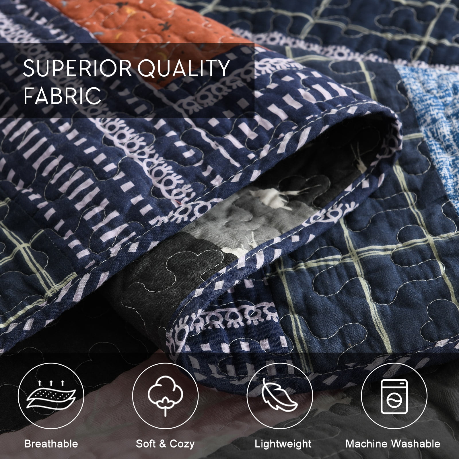 WannaToo Cotton Bedspread Quilt Set for All Season, Blue Patchwork, King