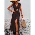 thumbnail image 3 of Womens Chocolate Brown V-Neck Tiered Maxi Dress With Ruffle Sleeves, 3 of 7