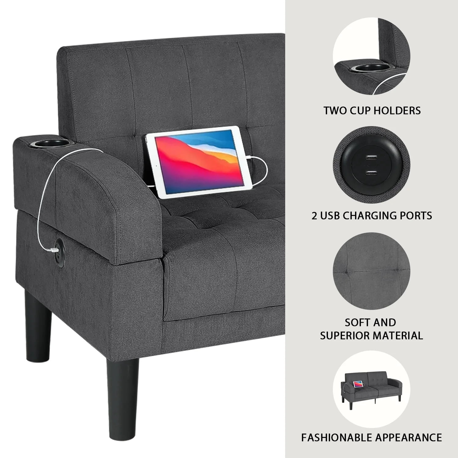 Coewske 62''W Fabric Tufted Sofa Couch Tufted Loveseat w/ 2 USB Charger Ports & Cup Holders, Dark Gray
