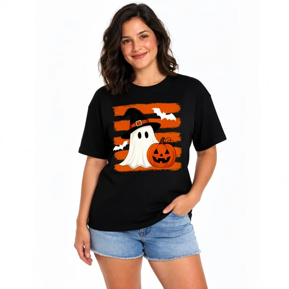 Women's Halloween Ghost Pumpkin Graphic T-Shirt, Cute Short Sleeve Crewneck Tee