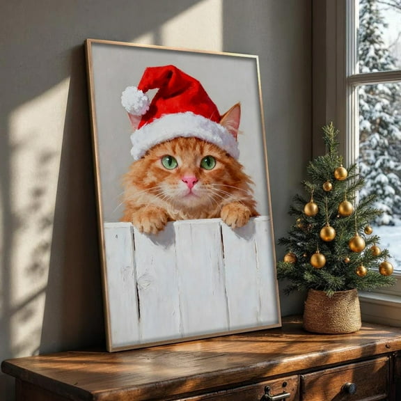 Ginger Cat Winter Holiday Wall Art Kitty In Santa Hat Home Decor UNFRAMED Poster, Wall Art for Decor, Present, 8x12