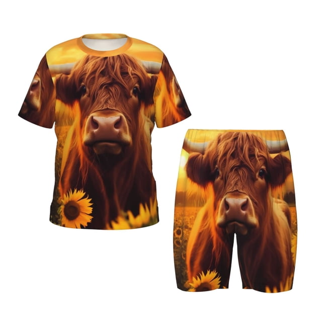 Fotbe Vintage Sunflower Cow A Pijama Estampada de 2 Piezas para Niños – Ropa de Dormir de Manga Corta Cómoda para Niños y Niñas, Camiseta y Shorts de Algodón-Medium