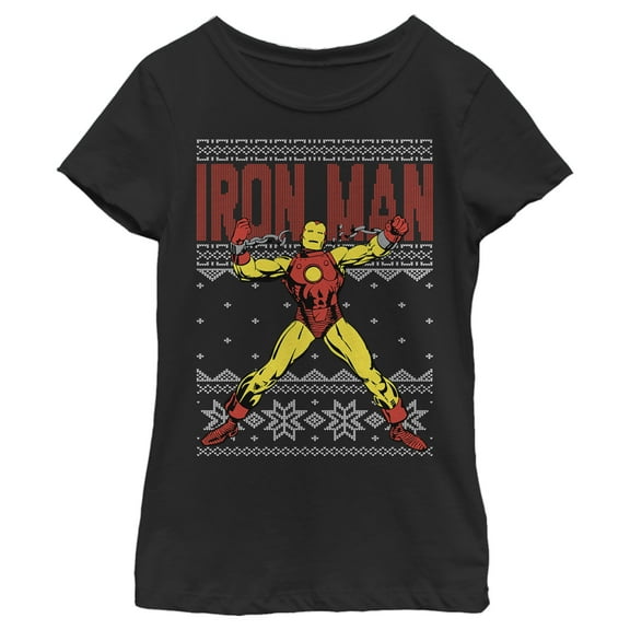 Girl's Marvel Ugly Christmas Iron Man  Graphic Tee Black Large