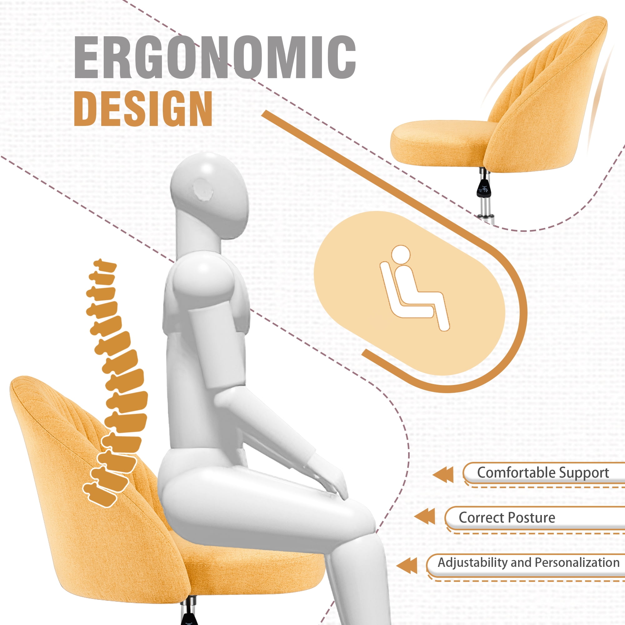 Homall Home Office Chair Adjustable Vanity Chairs Mid Back Rolling Task Chairs for Bedroom, Living Room or Study, Yellow