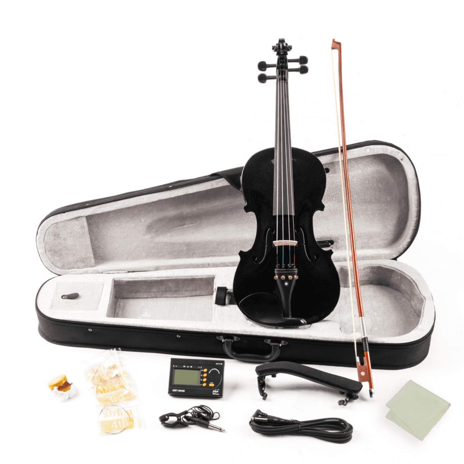 Hassch Beginner Violin 4/4, Solid Wood Violin Kit with Case, Bow and Cloth, Music String Instrument with Strings, Shoulder Rest, Electronic Tuner and Connecting Wire, Black