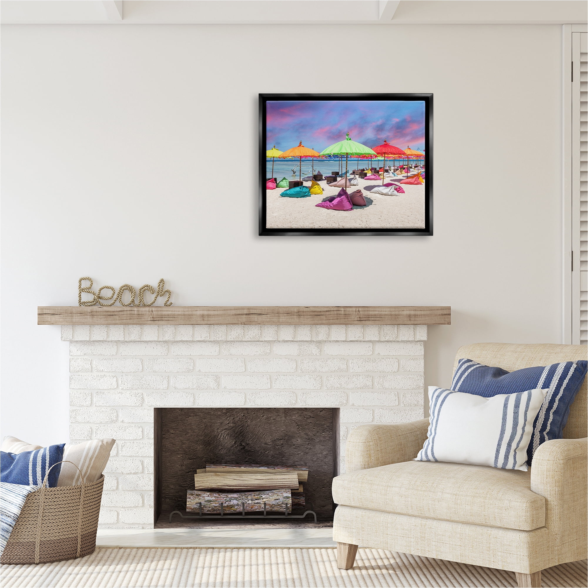 Stupell Industries Beach Umbrellas on Shore Landscape Photography Black Floater Framed Canvas Art Print Wall Art, 31 x 25