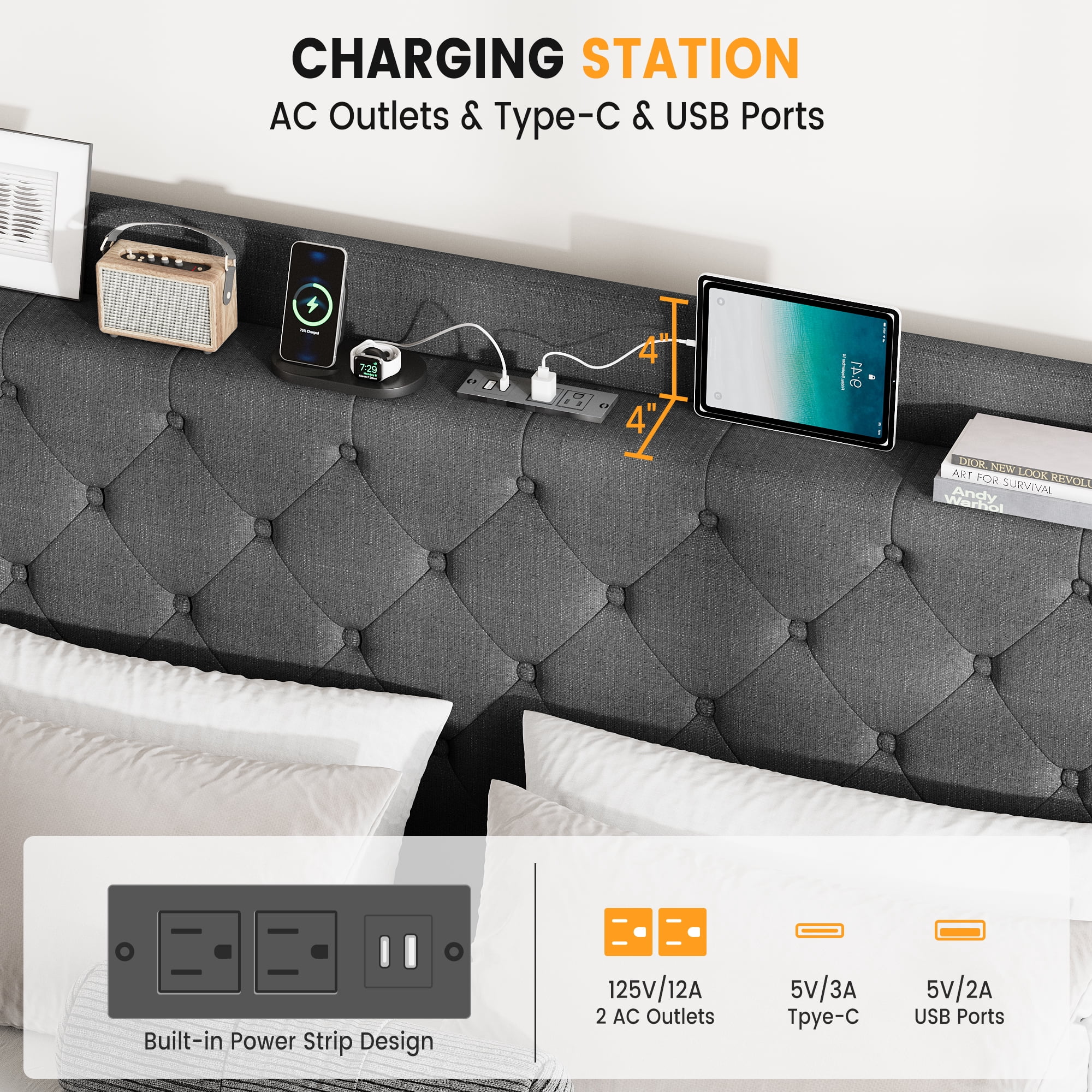 JoanKaren Full Bed Frame,Luxury Upholstered Platform Beds with Charging Station,4 Storage Drawers&Adjustable Headboard,Easy Assembly,Gray