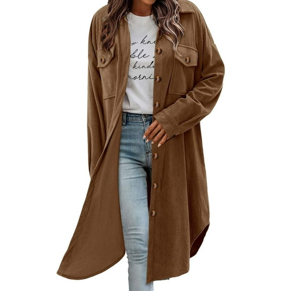 XUNKUSGA Jackets for Women Solid Color Soft Corduroy Long Cardigan for Women Fashion Loose Shackets for Women Casual Long Sleeve Button Down Trench Coat Women S-2XL Brown