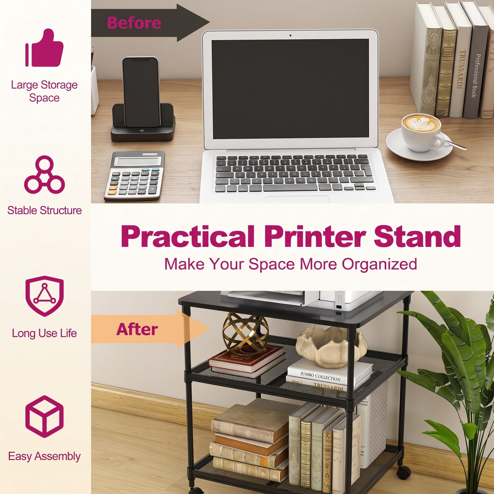 Furnibear 3 Tier Rolling Printer Stand Fax Cart with Adjustable Shelf, Swivel Locking Wheels, Wood Iron Mobile Storage Organizer for Home Office - Black