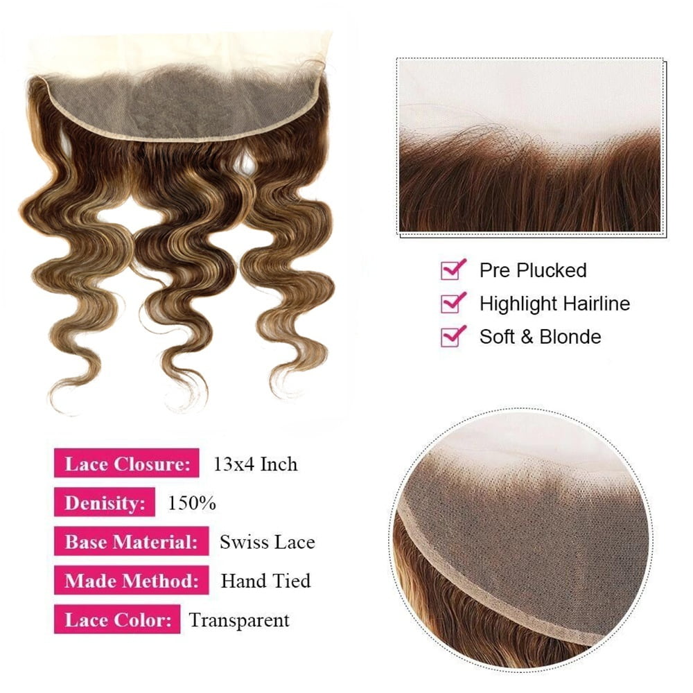 Highlighted Body Wave Bundles with Frontal, P4/27 Color Brazilian Human Hair Double Weft Bundles with 13x4 Lace Frontal
