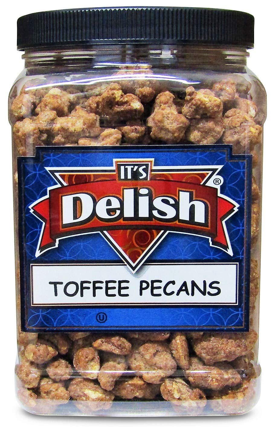 Gourmet Toffee Coated Pecans by Its Delish - 2.2 LBS Jumbo Reusable Container Jar - Sweet Crunchy Caramelized Pecan Nuts Snack