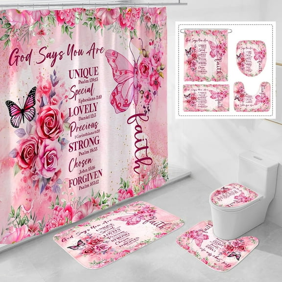 4 Pcs Pink Butterfly Inspirational Quotes Shower Curtain Set with Rugs and Toilet Lid Cover, Colorful Boho Waterproof Fabric Bathroom Set, Bible Verse Floral Bathroom Decor Set Accessories