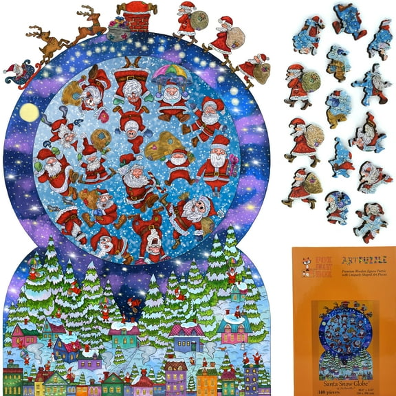 Wooden Jigsaw Puzzles for Adults - Uniquely Shaped Pieces - made in the USA by FoxSmartBox - 340 Pieces - Santa Snow Globe