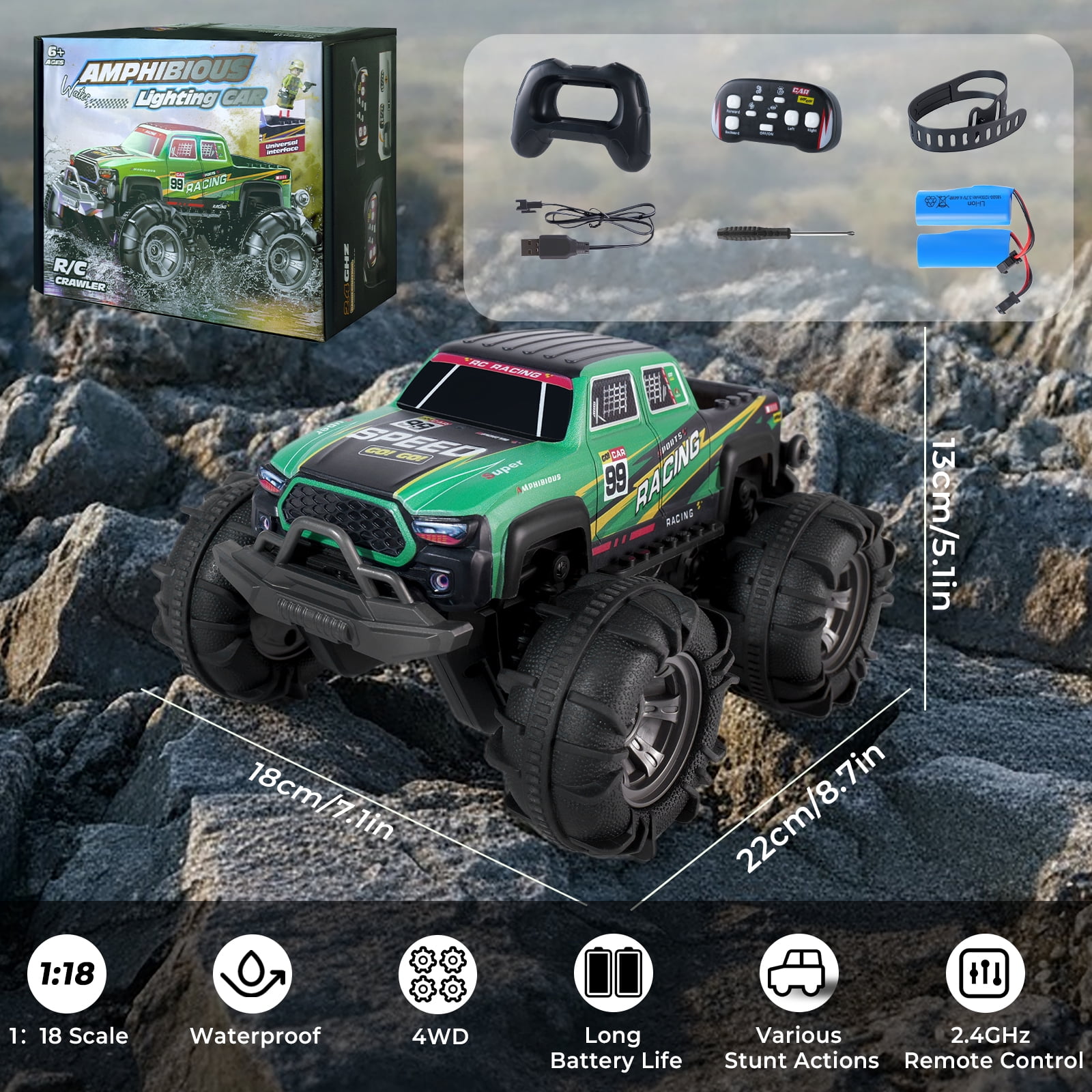 Glee Max Amphibious Remote Control Car, 4WD 2.4GHz RC Monster Truck with Lights,  Toy Gifts for Children, Green