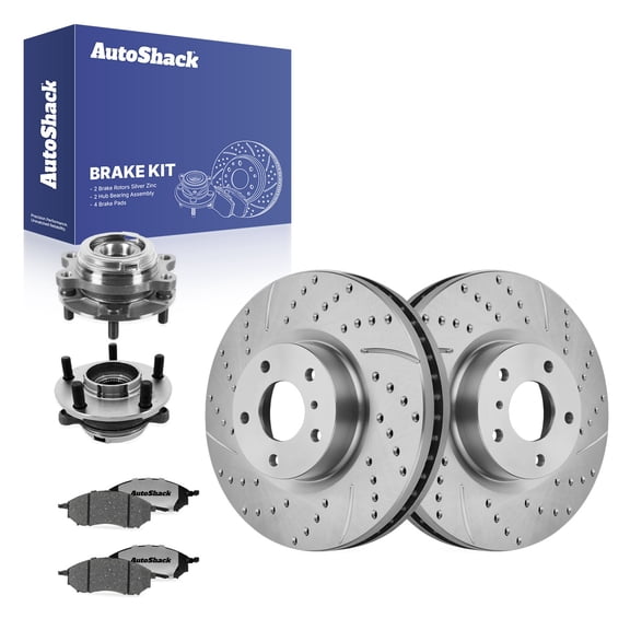 AutoShack Front Vented Drilled & Slotted Silver Zinc Coated Brake Rotors   Ceramic Pads   Hub Bearing Assembly 8-PC Brake Kit Replacement for 2011-2014 Nissan Murano SilverShield Pro 12.58" (320 mm)