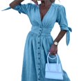 thumbnail image 2 of Vestido de Mezclilla con Cuello en V y Botones para Mujer, Cintura Media, Corta y Abertura Azul S, 2 of 8