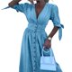 thumbnail image 2 of Vestido de Mezclilla con Cuello en V y Botones para Mujer, Cintura Media, Corta y Abertura Azul XL, 2 of 8