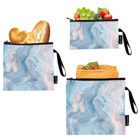 Haosy 3 Pack Reusable Ziploc Bags BPA Free Healthy Food Storage Bag Leakproof Sandwich Snack Freezer Bags Pastel Pink Blue Marble