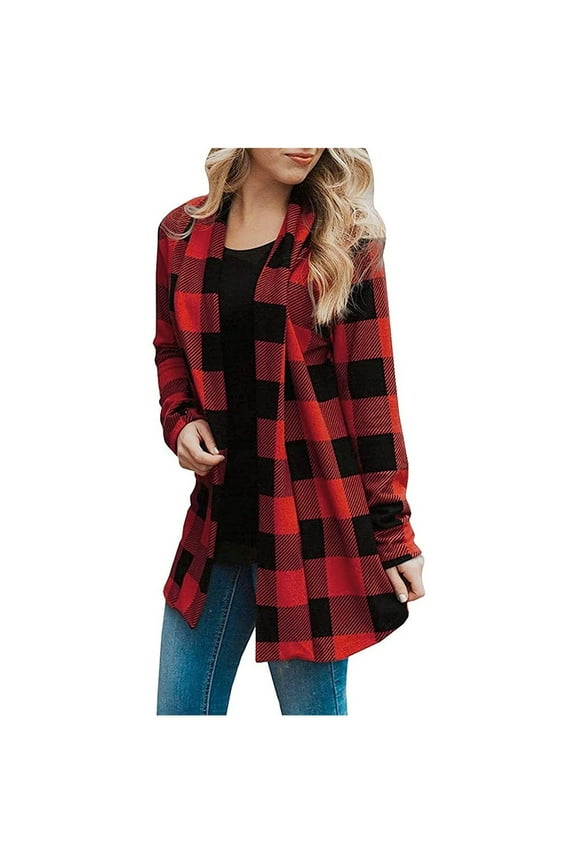 Women's Red & Black Plaid Button-Front Shirt Jacket, Retro Outerwear for Fall/Winter Layering & Casual Errands for women
