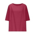 thumbnail image 4 of Olyvenn 3/4 Length Sleeve Cotton Linen Shirts Solid Color Round Neck Tunic Blouses Summer Leisure Dressy Tops with Pockets Wine XL, 4 of 7