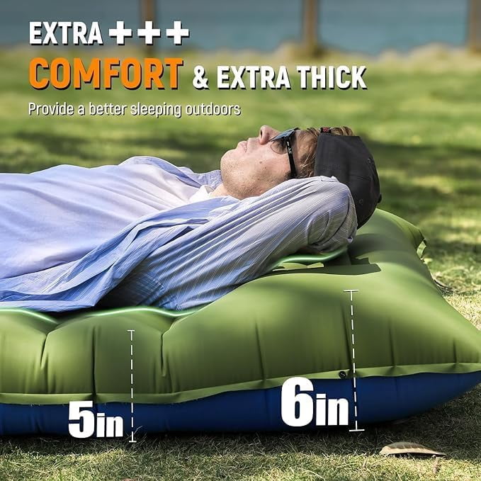 Double Sleeping Pad for Camping- Self Inflating 4" Extra-Thick with Pillow Built-in Foot Pump Inflatable Sleeping Mat for Backpacking, Hiking, Traveling, Tent, Portable Camping Mat