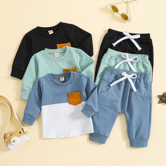 Towmus Infant Baby Boy Fall Winter Clothes Outfits Hooded Color Block Long Sleeve Sweatshirt Pants Set Toddler Clothes 6 12 18 24 Months 2T