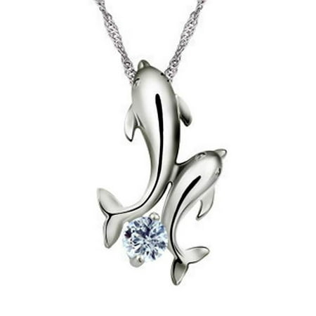 - Ginger Lyne Collection Dolphins CZ Sterling Silver Pendant Water Waves Chain Necklace