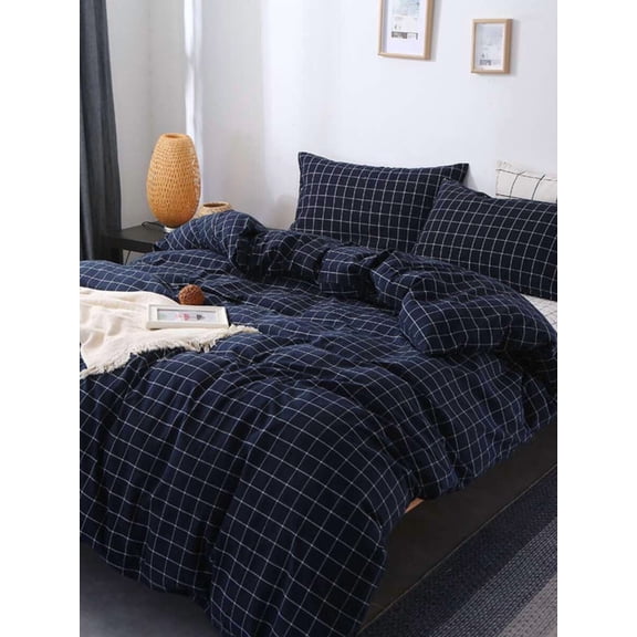 Blue Plaid Print Duvet Cover Set, Fresh And Compact, Super Soft