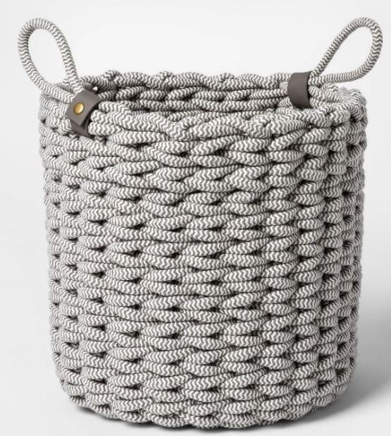 Coiled Rope Fishtail Weave Basket with Faux Leather Accent Gray