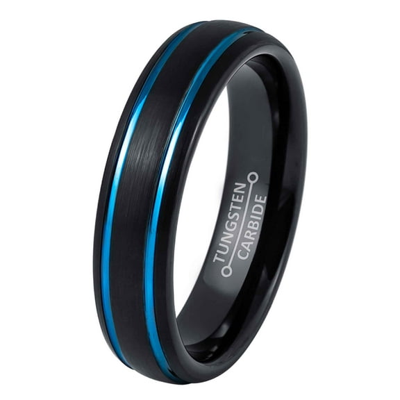 Jewelry Avalanche Black & Blue Tungsten Wedding Band, Dome Engagement Band, Comfort Fit Ring 6MM