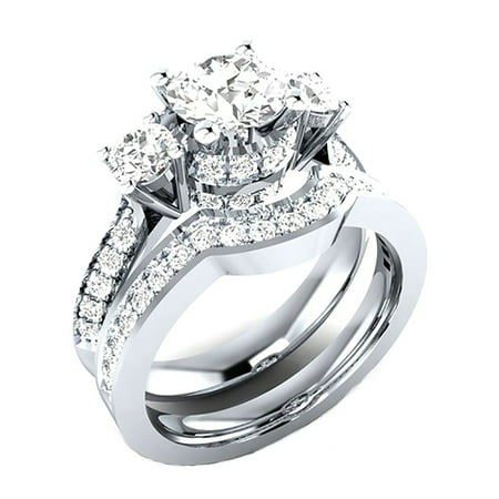 Glenda 2Pc 3 Stone Ring Wedding Band Engagement Bridal Set- Ginger Lyne (Best Wedding Band For Three Stone Engagement Ring)