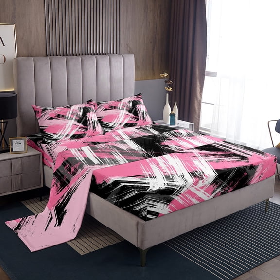 Manfei Pink Black Graffiti Twin Sheet Sets,Modern Abstract Geometric Twin Fitted Sheet,Vitage Stripe Pattern Flat Sheet For Kids,Super Cozy Room Decor,3pcs