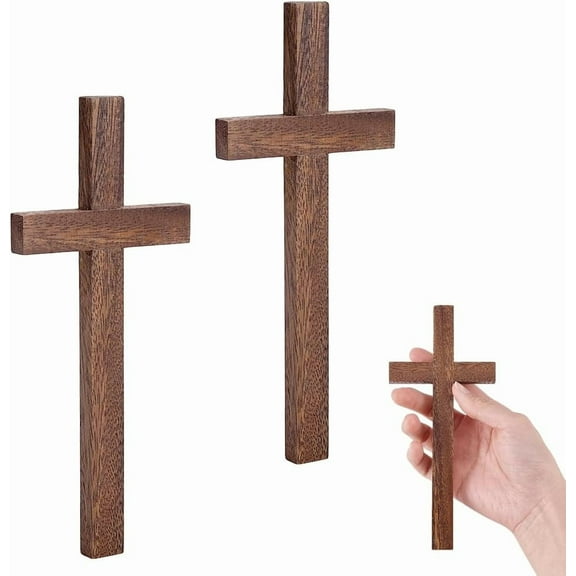 2pcs Walnut Wooden Crosses 6.8 inch Wood Solid Wooden Hand Rustic Brown Crucifix Hand Held for Easter Church Home Room Weddings Party Wall Decor