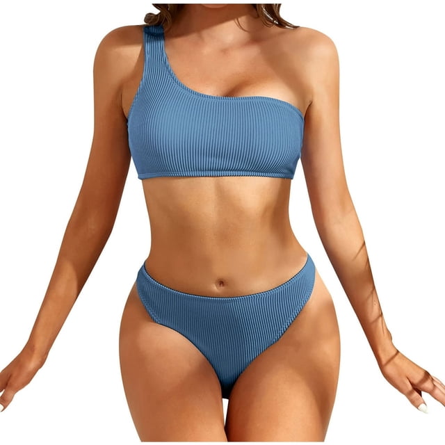 Womens Two Piece Swimsuits One Shoulder Ribbed Bathing Suit Solid Color Bikini Swimwear