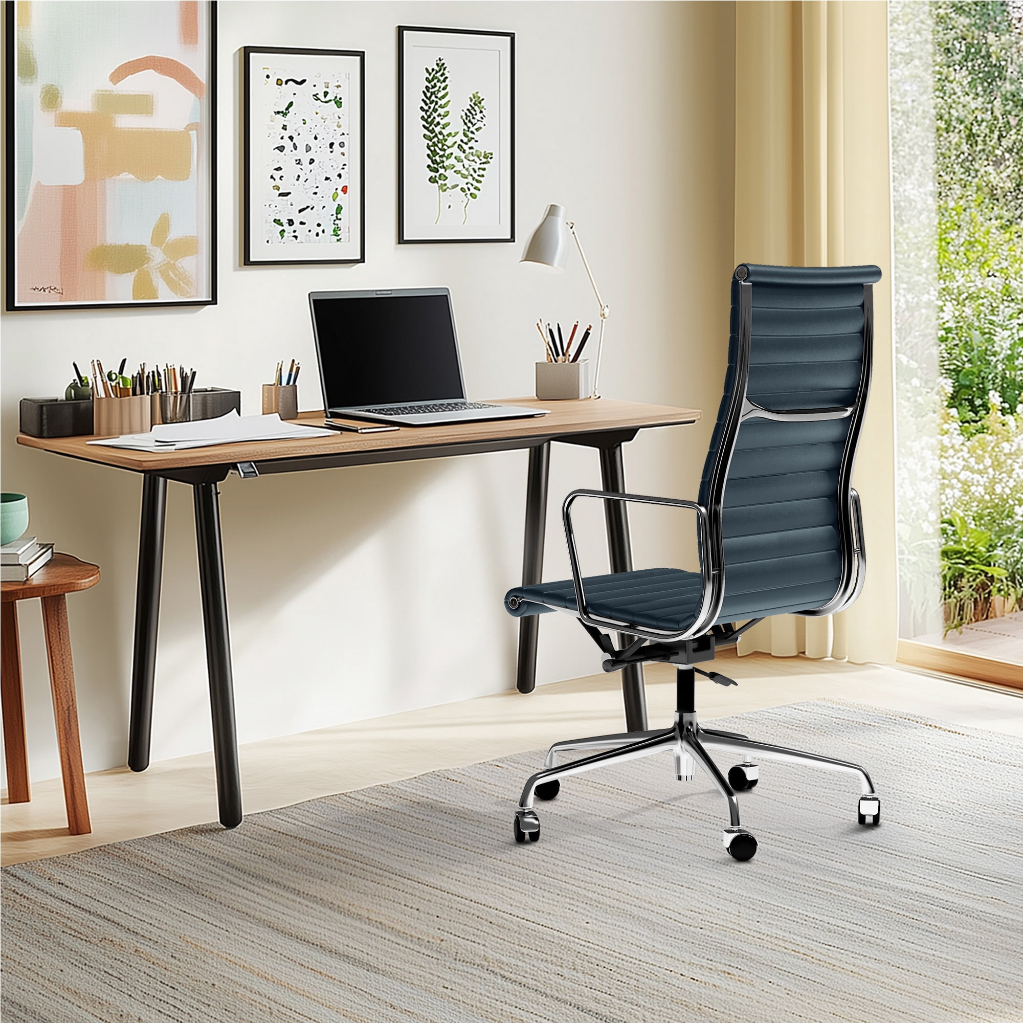 Ribbed Office Chair Genuine Leather Office Desk Chair High Back Executive Conference Room Chair Adjustable Computer Chair Swivel Chair with Arms for Home Office, Blue