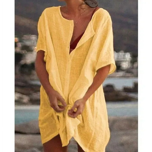 JUNWELL 2024 Robe de Plage en Coton et Lin pour Femmes, Unie, Décontractée, Midi, Douce, Ample, Tunique, Robe Chemise, P-5TG