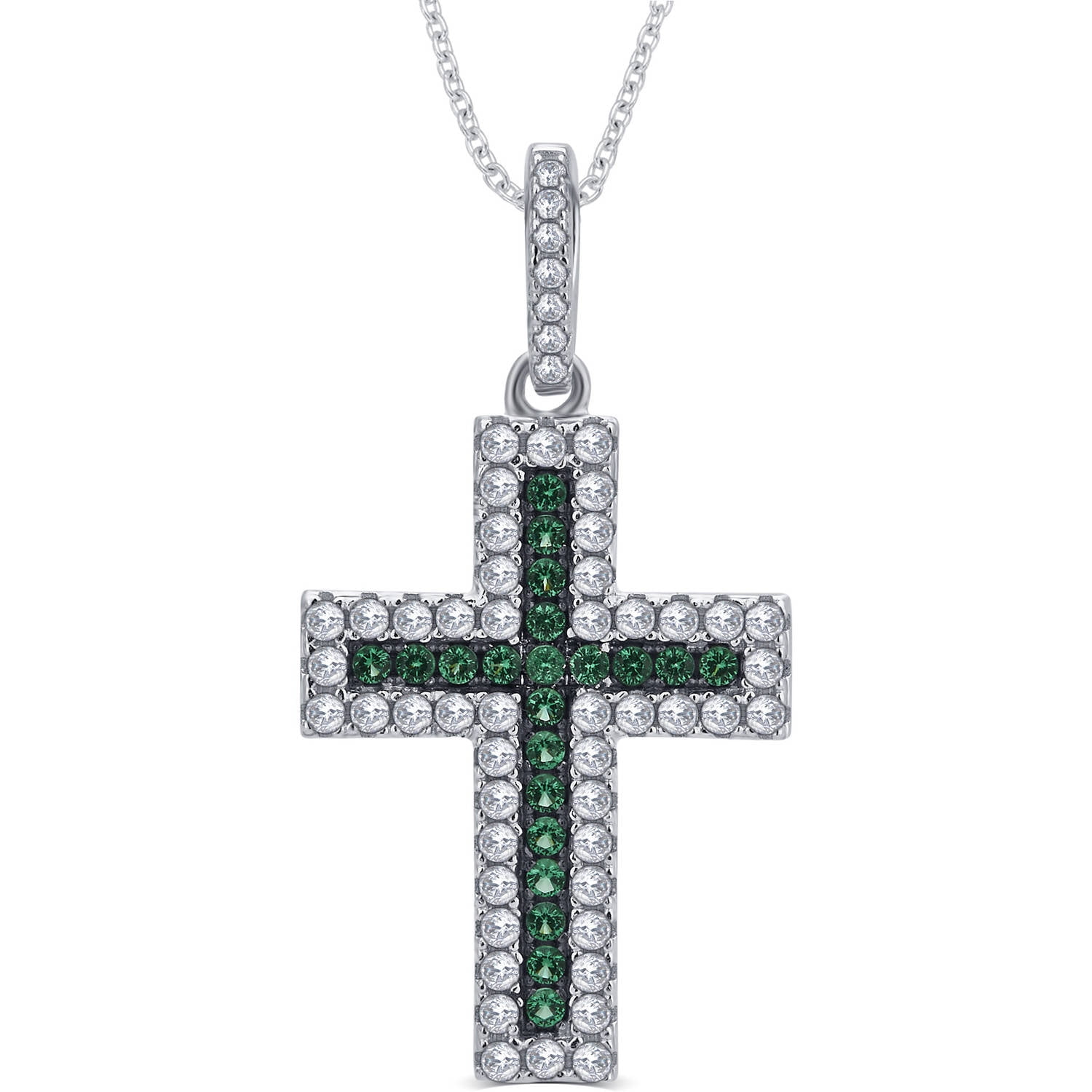 1/4 Carat T.G.W. CZ and Created Emerald Gemstone Sterling Silver Cross Pendant Necklace, 18" Chain