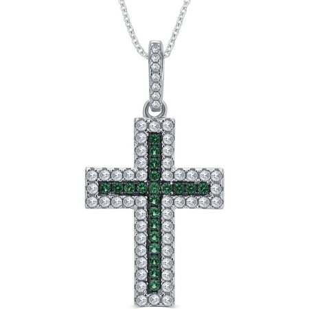 Created Emerald Cross - 1/4 Carat T.G.W. CZ and Created Emerald Gemstone Sterling Silver Cross Pendant Necklace, 18