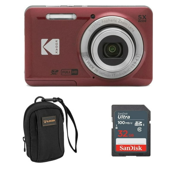 KODAK PIXPRO FZ55-BK 16MP Digital Camera 5X Optical Zoom 28mm Wide Angle 1080P Full HD Video 2.7"" LCD Vlogging Camera (Red) Bundled with SD Card and Slinger Camera Bag