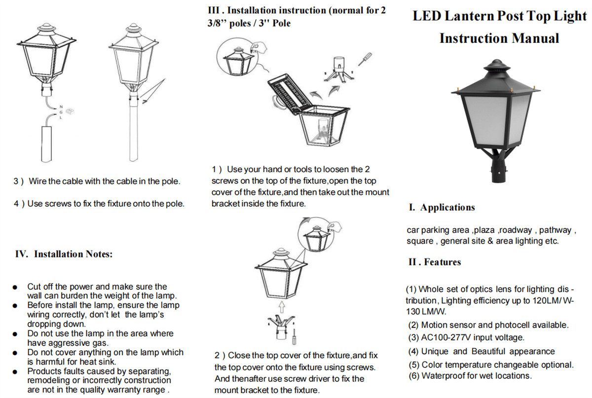 Outdoor 120W LED Post Top Light with Frosted Glass, IP65 Waterproof LED Parking Lot Lighting 34.7 inchs High Post Top Lantern LED Street Area Light,14400 Lumens, 5000K Daylight White