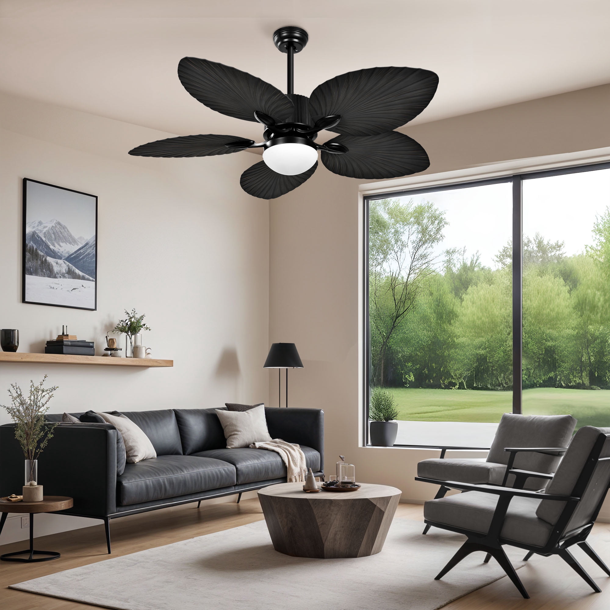 ModFusion 52in Gothic Troplical Ceiling Fan Light, 6-Speed Remote, 5 Palm Leaf Blades, Black