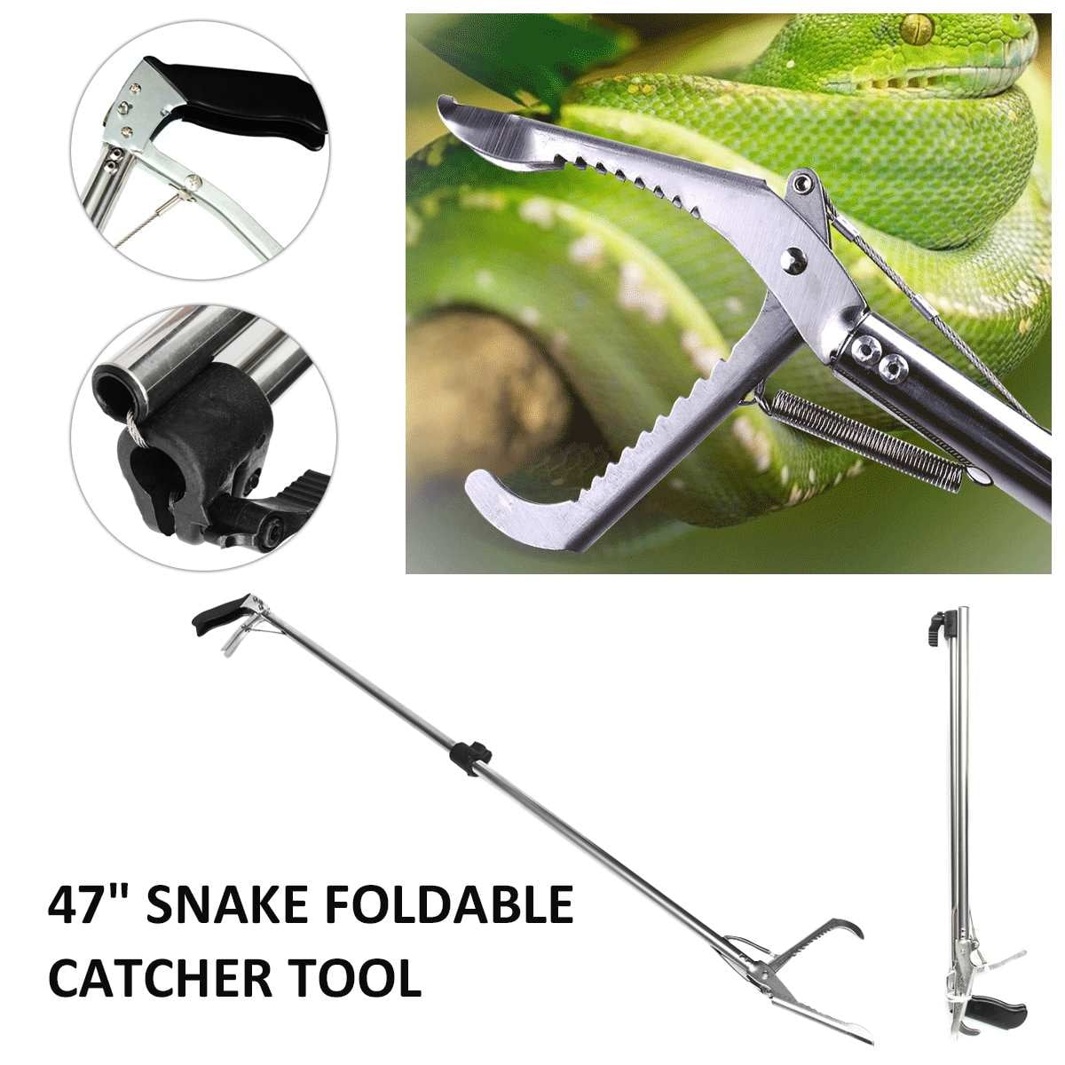 47" Reptile Snake Tongs Stick Foldable Catcher Wide Jaw Tool Heavy Duty