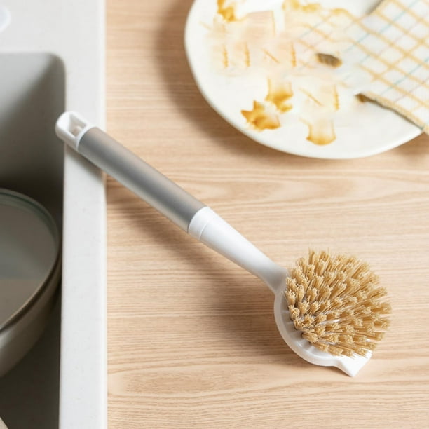 Cepillo para macetas de mango largo | Fregadora de cocina PVC blanco | Herramienta de limpieza descalcificadora no grasa 27cm | Cabezal de cepillo lavable de secado rápido | Limpiador de superficies