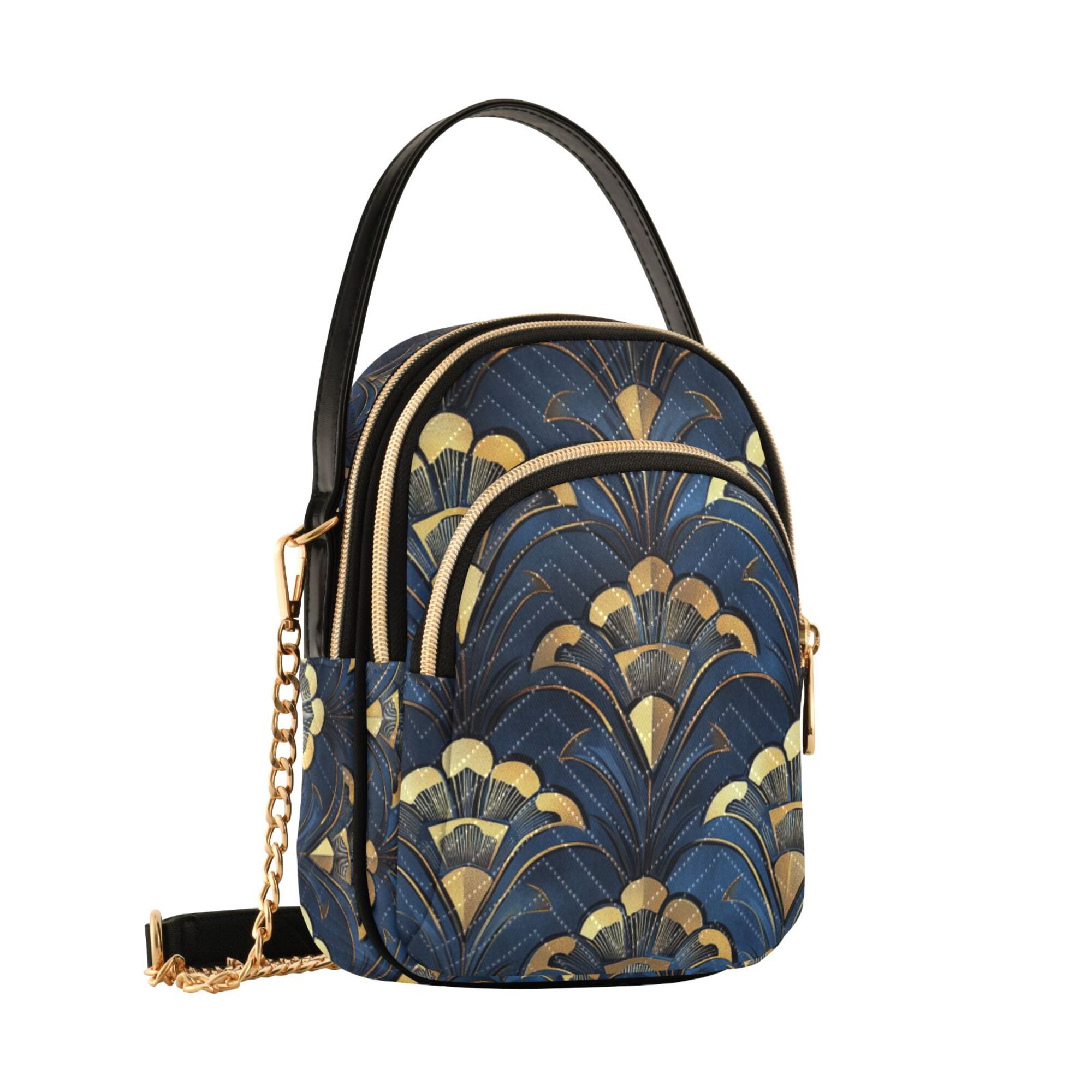 FORMRS Crossbody Bag for Women Quilted Travel Shoulder Cell Phone Purse with Chain Strap Handbag, Blue Art Pattern