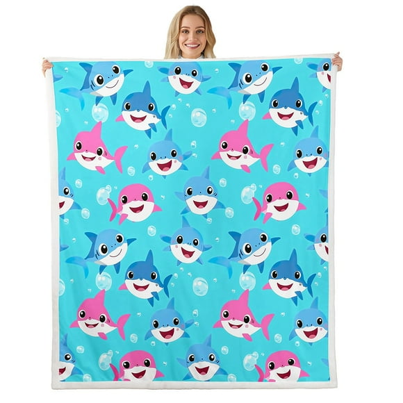 Erosebridal Blue Pink Shark Sherpa Blanket 90x90, Kawaii Sea Animal Fuzzy Blanket Throw