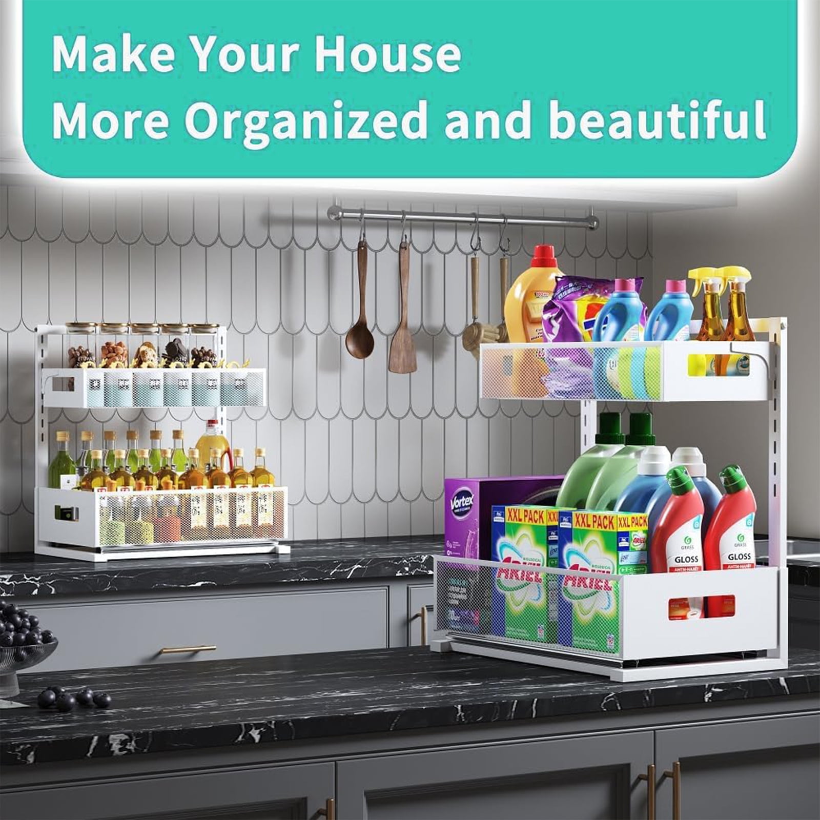 NUBILY Adjustable Height Under Sink Organizer 2-Tier Pull Out Cabinet Organizer, Space Saving Storage Rack for Bathroom Kitchen, White, 1 Pack