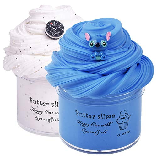 2 Pack Butter Slime Kit, Blue Stitch White Oreo Charm with Glitters and